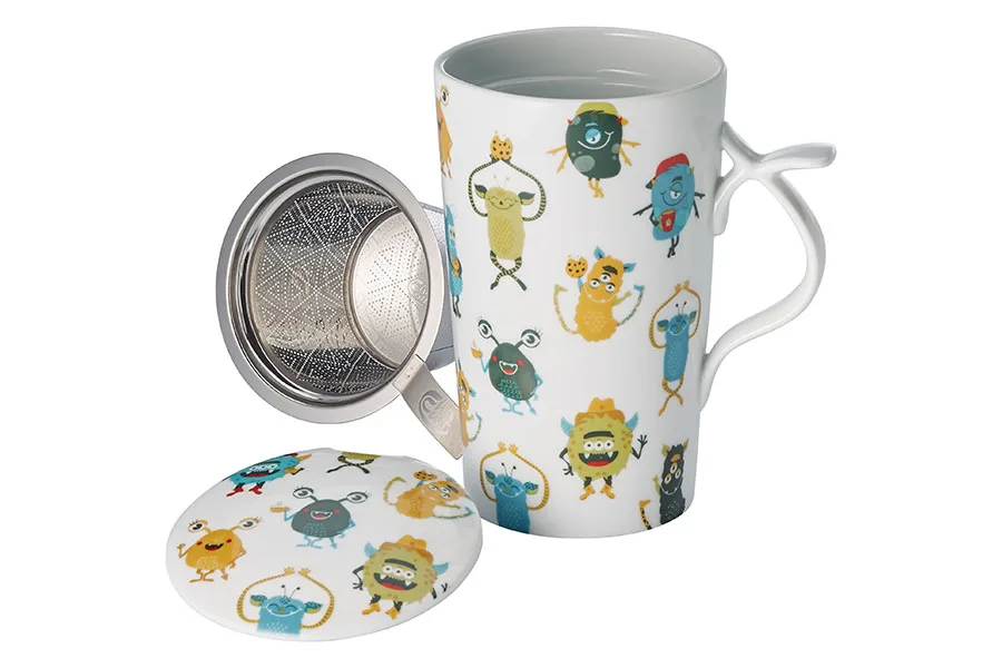 Jumbo Theebeker "Happy Monsters" met RVS Filter & Deksel - 0,4L